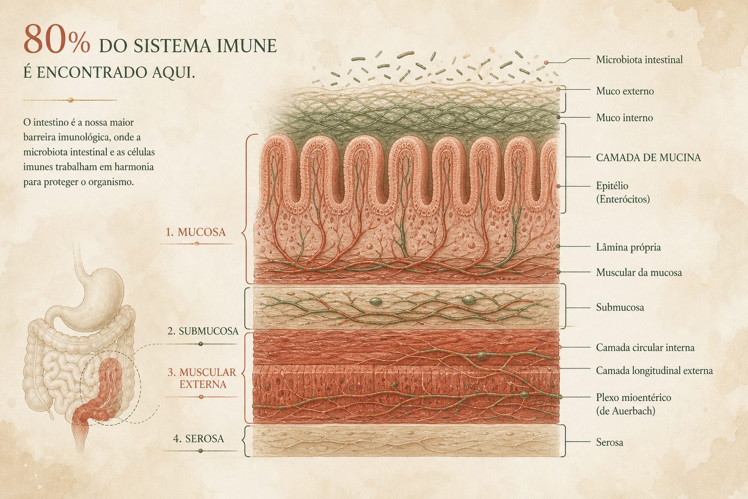 Diagrama anatómico do intestino — camadas: mucosa, submucosa, muscular externa e serosa, com a microbiota intestinal e o muco a proteger o epitélio. 80% do sistema imunitário encontra-se aqui.