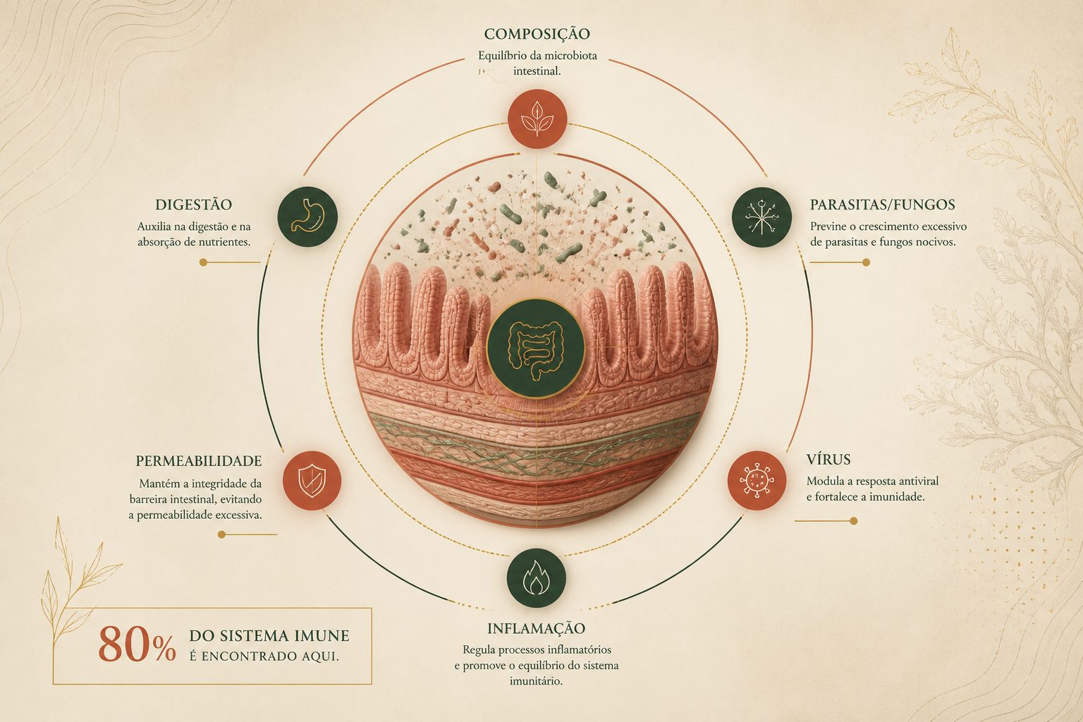 Microbiota intestinal — detalhe das comunidades de bactérias, fungos e vírus