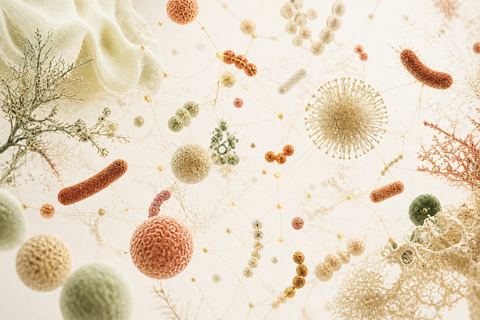Microbiota intestinal — bactérias, fungos e vírus interligados em comunidade